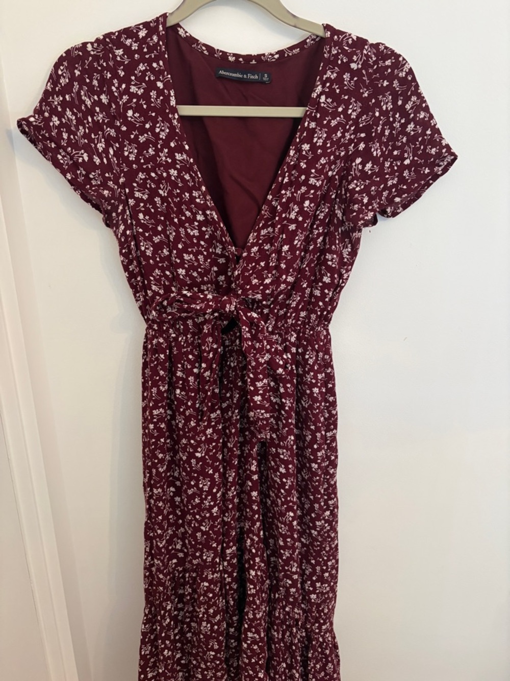 Abercrombie & Fitch Maroon Floral Midi Dress with Tie Front